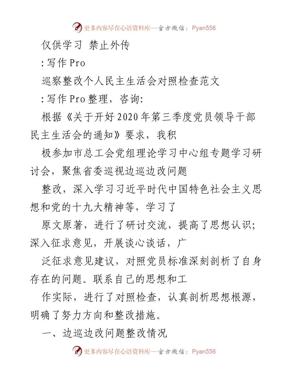 [发言] 民主生活会 - 巡察整改与个人对照检查发言稿.docx_第1页