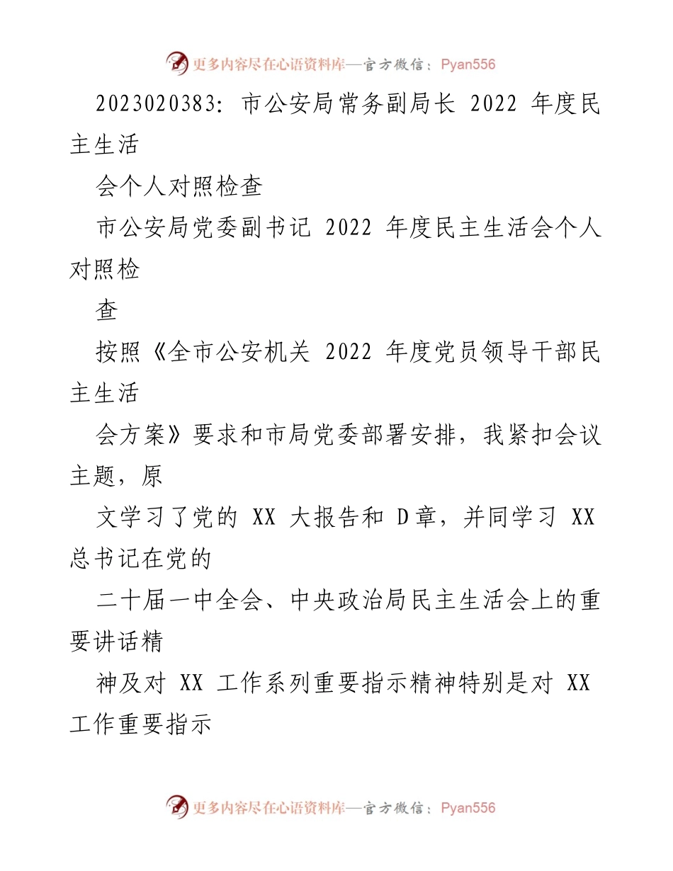 [发言] 民主生活会 - 2022年度市公安局领导干部对照检查总结.docx_第1页