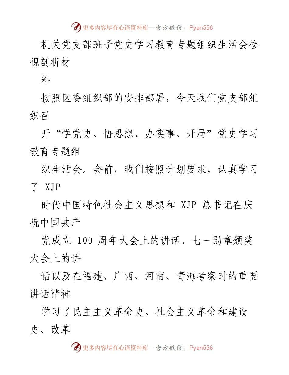 [发言] 机关党支部 - 党史学习教育专题组织生活会检视剖析报告.docx_第1页