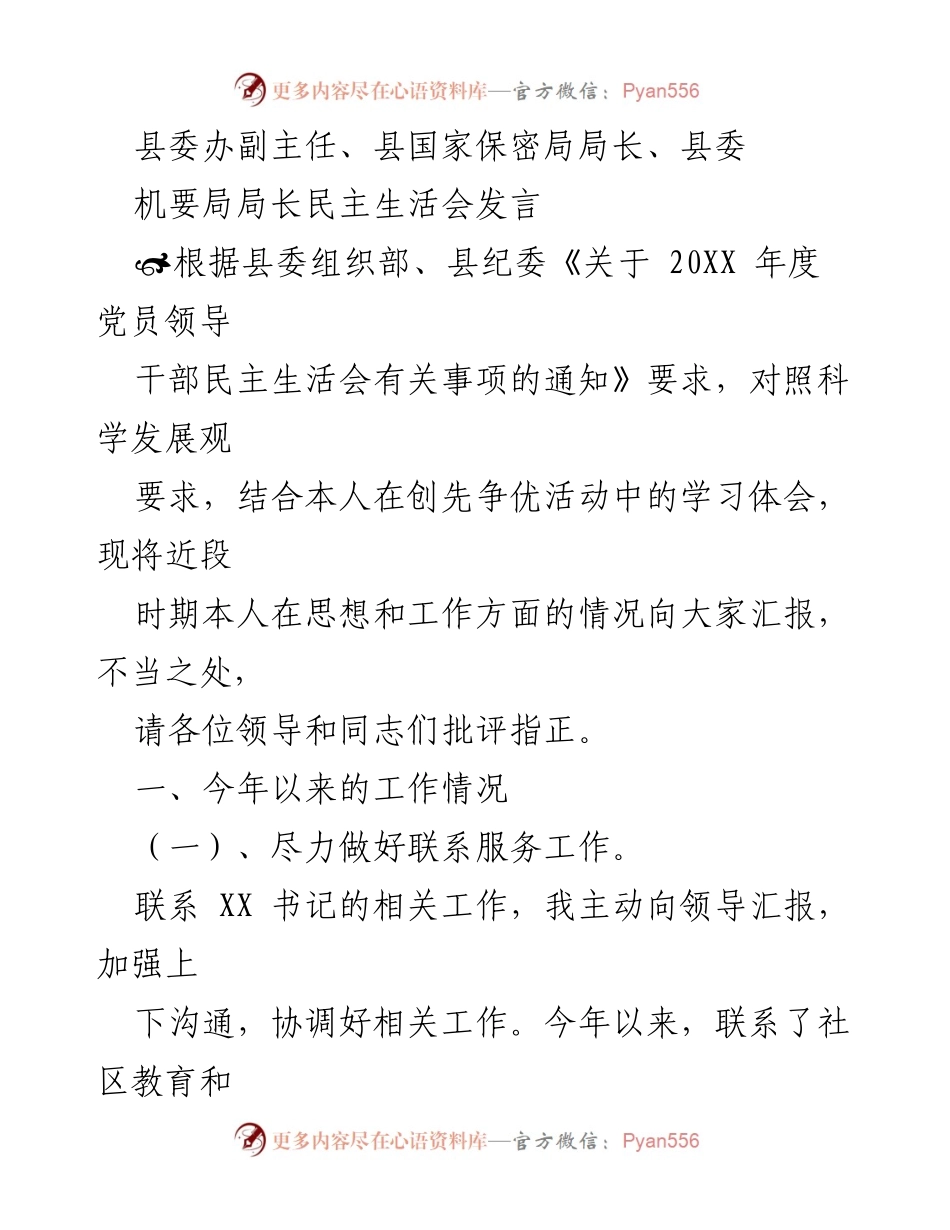[发言] 民主生活会 - 党员领导干部工作总结与反思.docx_第1页