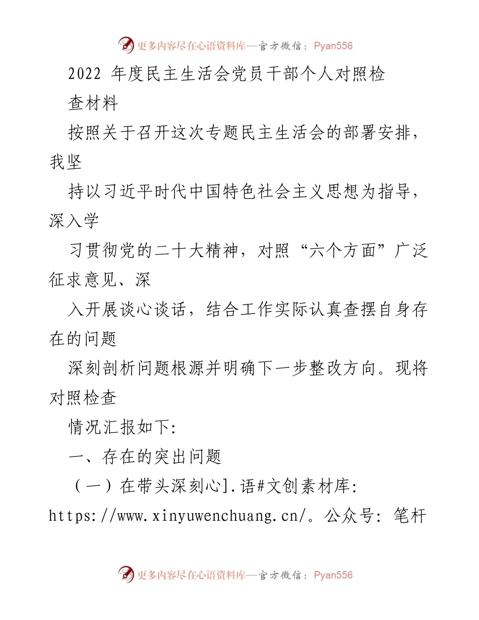 [发言] 民主生活会 - 2022年度党员干部个人对照检查材料总结.docx_第1页