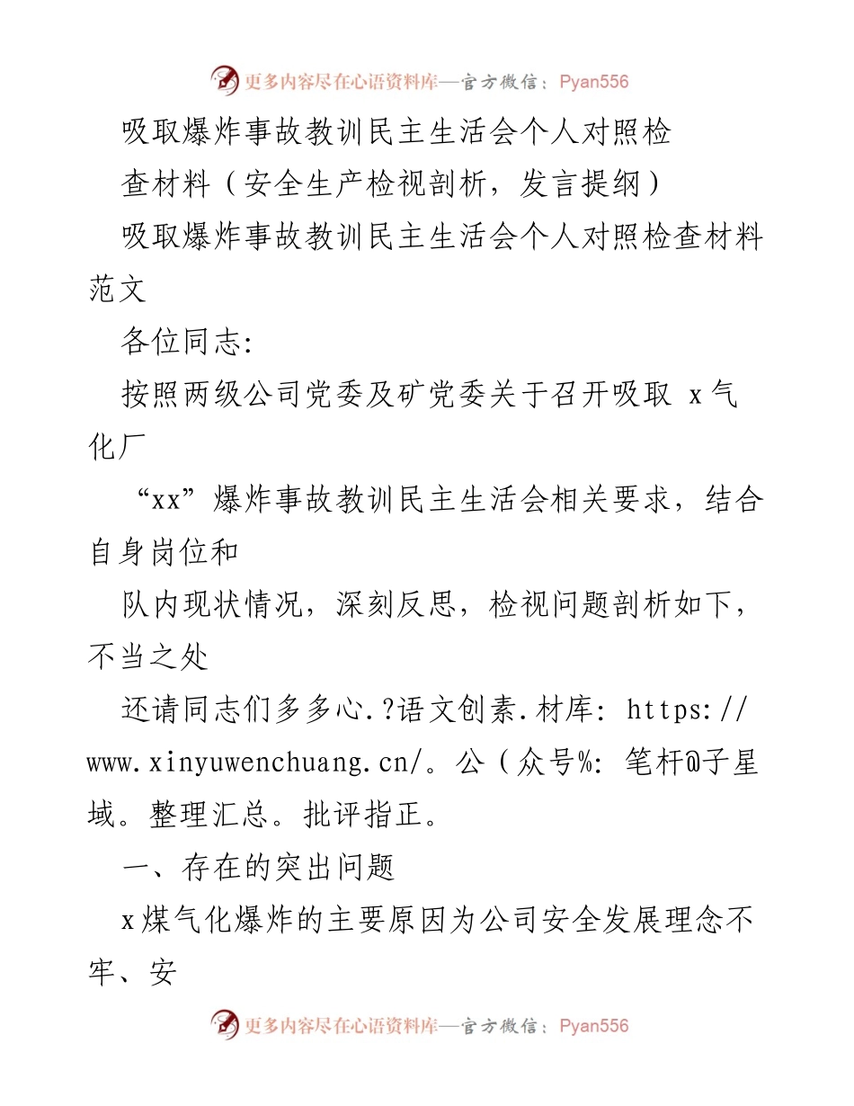 [发言] 民主生活会 - 吸取爆炸事故教训的自我反思与整改措施.docx_第1页