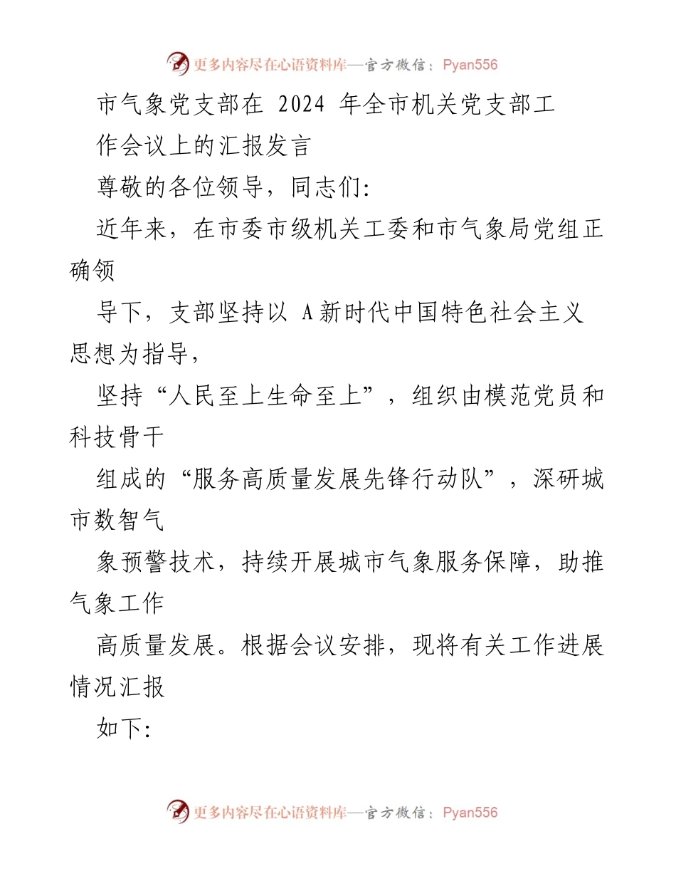[发言] 机关党支部工作会议 - 市气象党支部党建与气象服务工作汇报.docx_第1页