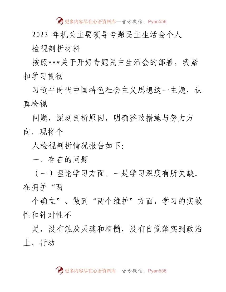 [发言] 机关主要领导专题民主生活会 - 个人检视剖析材料报告.docx_第1页