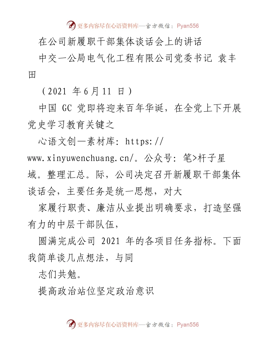 [发言] 新履职干部集体谈话会 - 加强政治意识与履职尽责，打造坚强中层干部队伍.docx_第1页