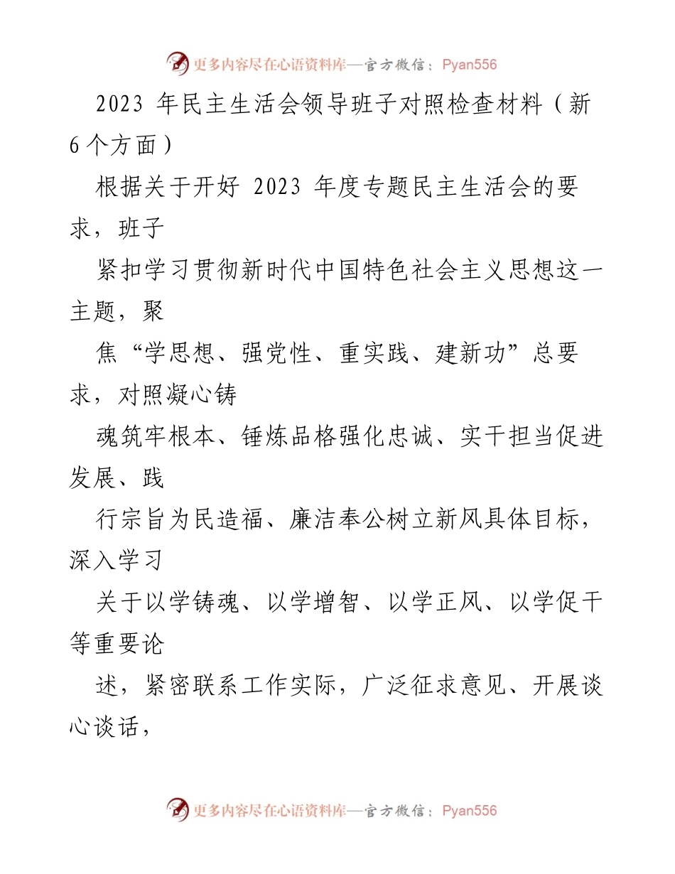 [发言] 民主生活会 - 2023年民主生活会领导班子对照检查材料总结.docx_第1页
