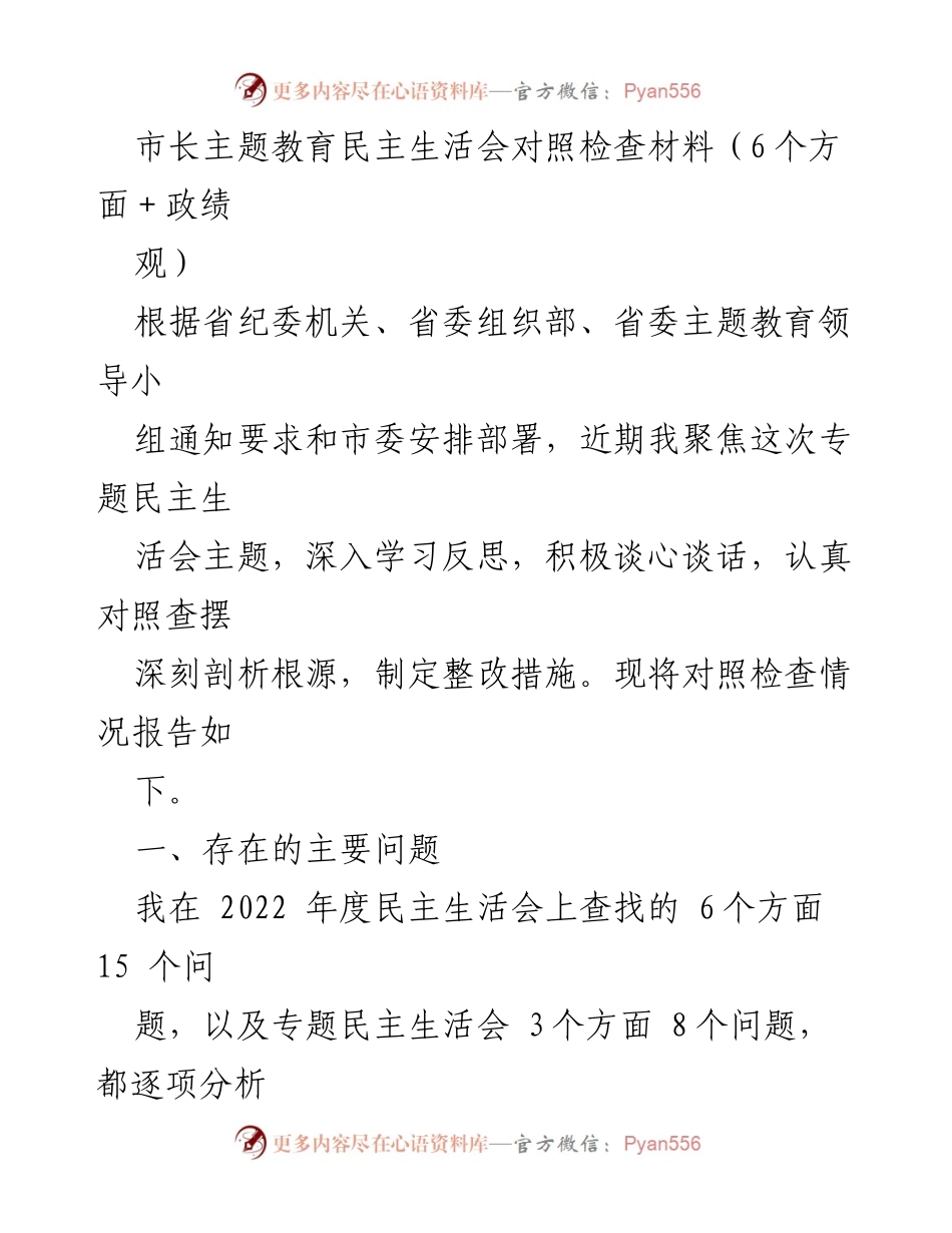 [发言] 民主生活会 - 市长主题教育民主生活会对照检查材料分析.docx_第1页