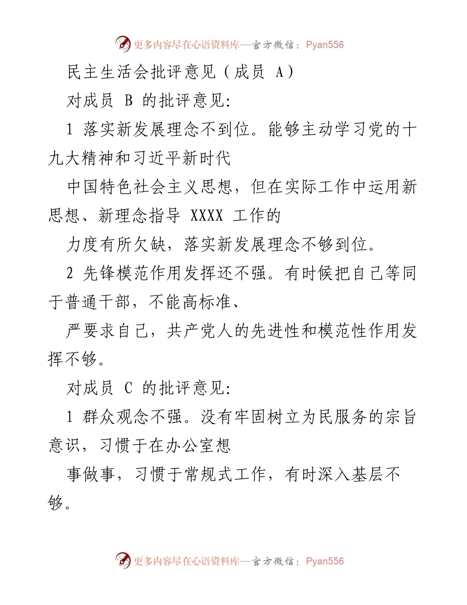 [发言] 民主生活会 - 批评意见汇总与改进建议_2.docx_第1页