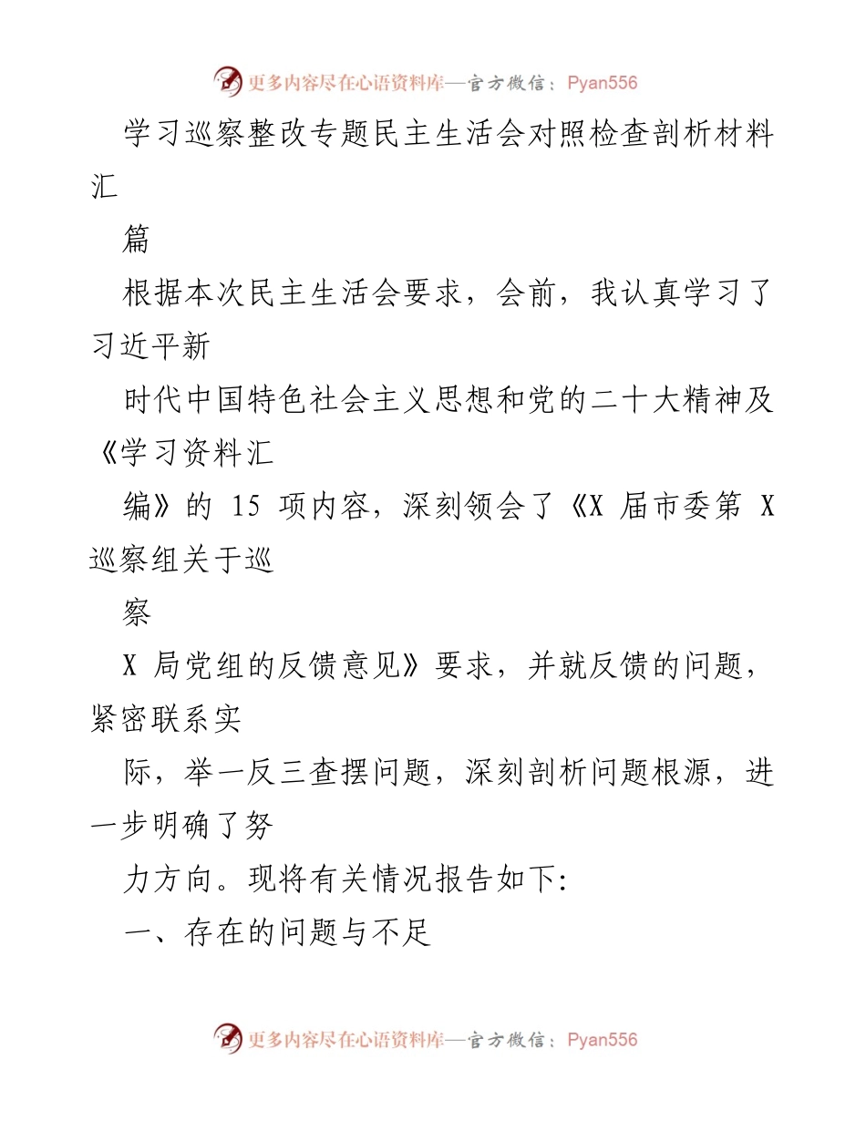 [发言] 民主生活会 - 巡察整改专题民主生活会对照检查与问题剖析.docx_第1页