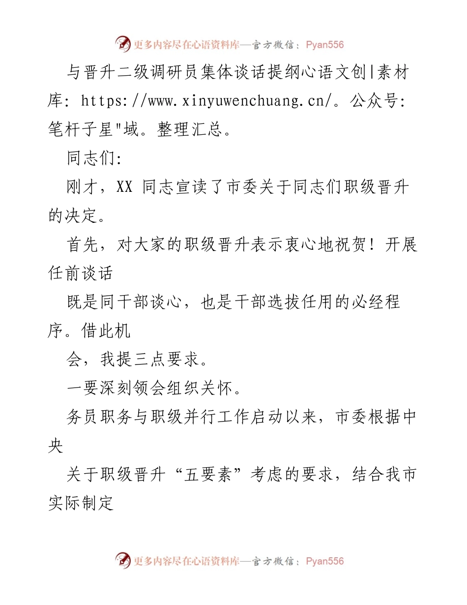 [发言] 晋升二级调研员谈话 - 职级晋升的关怀与期望.docx_第1页