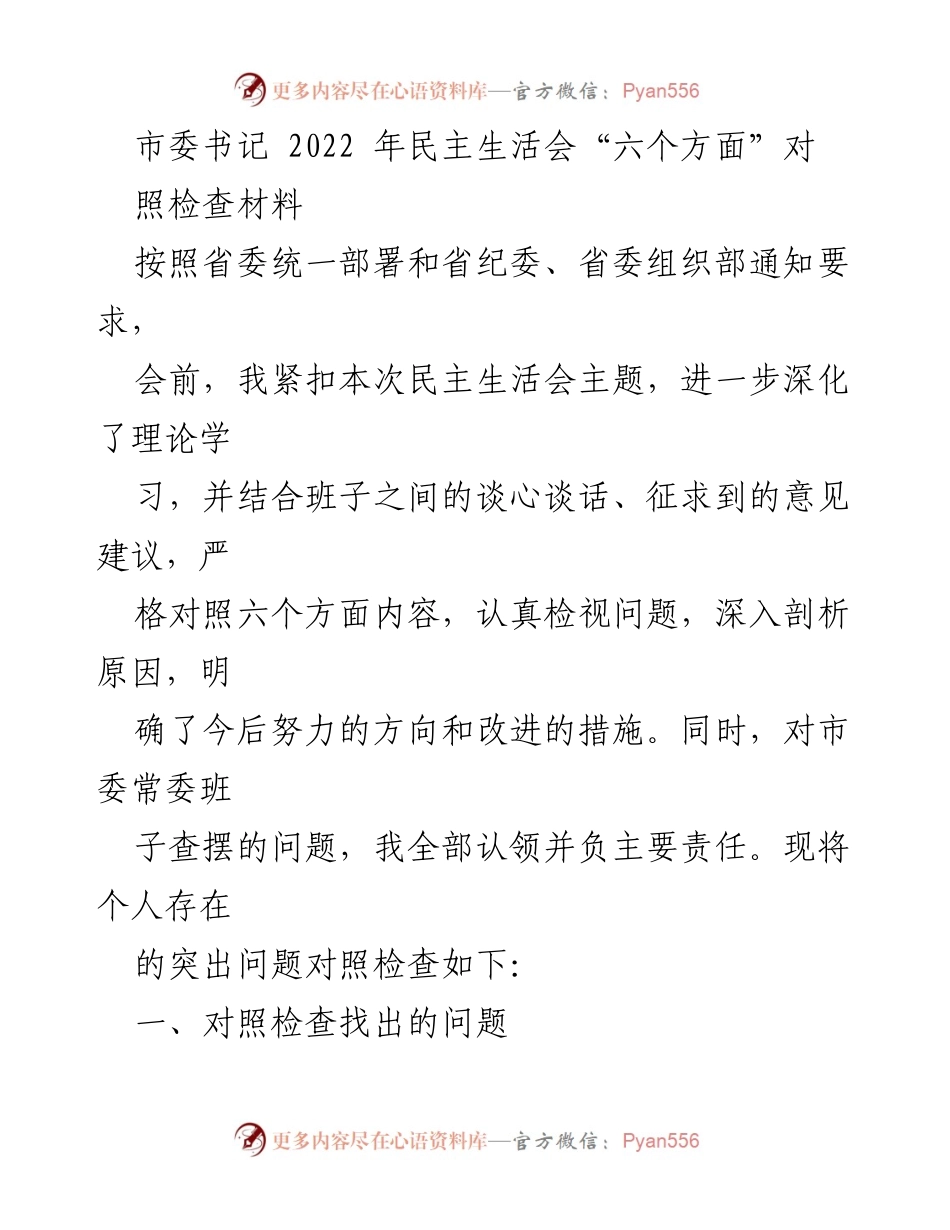 [发言] 民主生活会 - 2022年市委书记民主生活会对照检查材料总结.docx_第1页