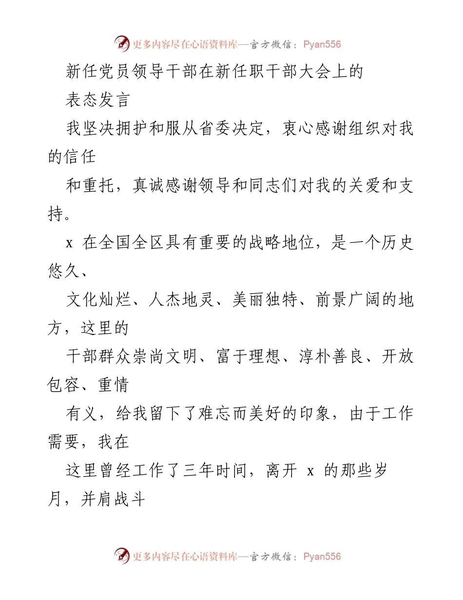 [发言] 新任职干部大会 - 新任党员领导干部表态发言：坚定信念、勇担使命.docx_第1页