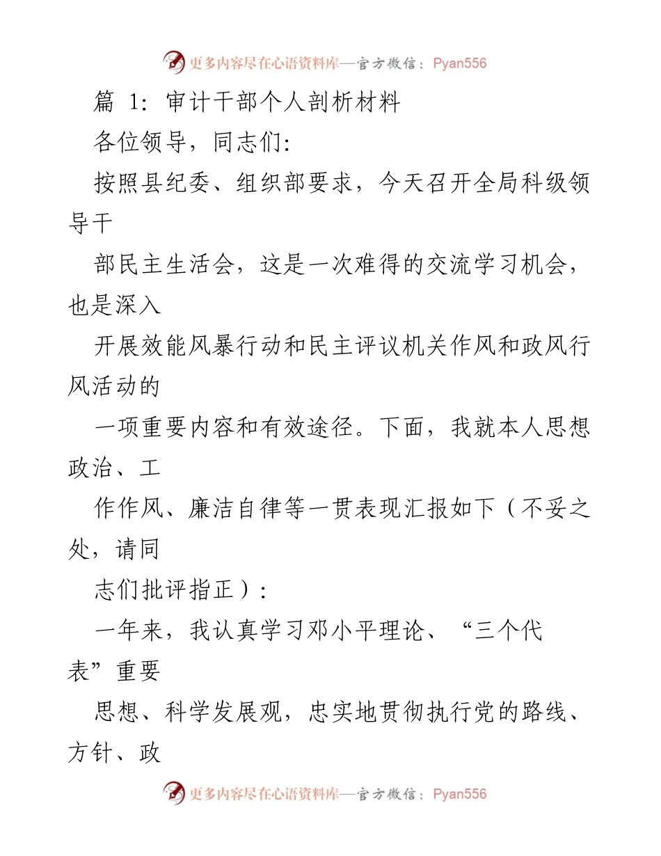 [发言] 民主生活会 - 审计干部个人剖析与自我提升总结.docx_第1页
