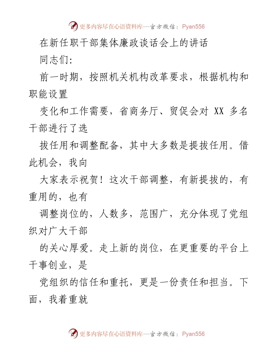 [发言] 新任职干部集体廉政谈话会 - 提高政治站位，确保廉洁从政的希望与要求.docx_第1页