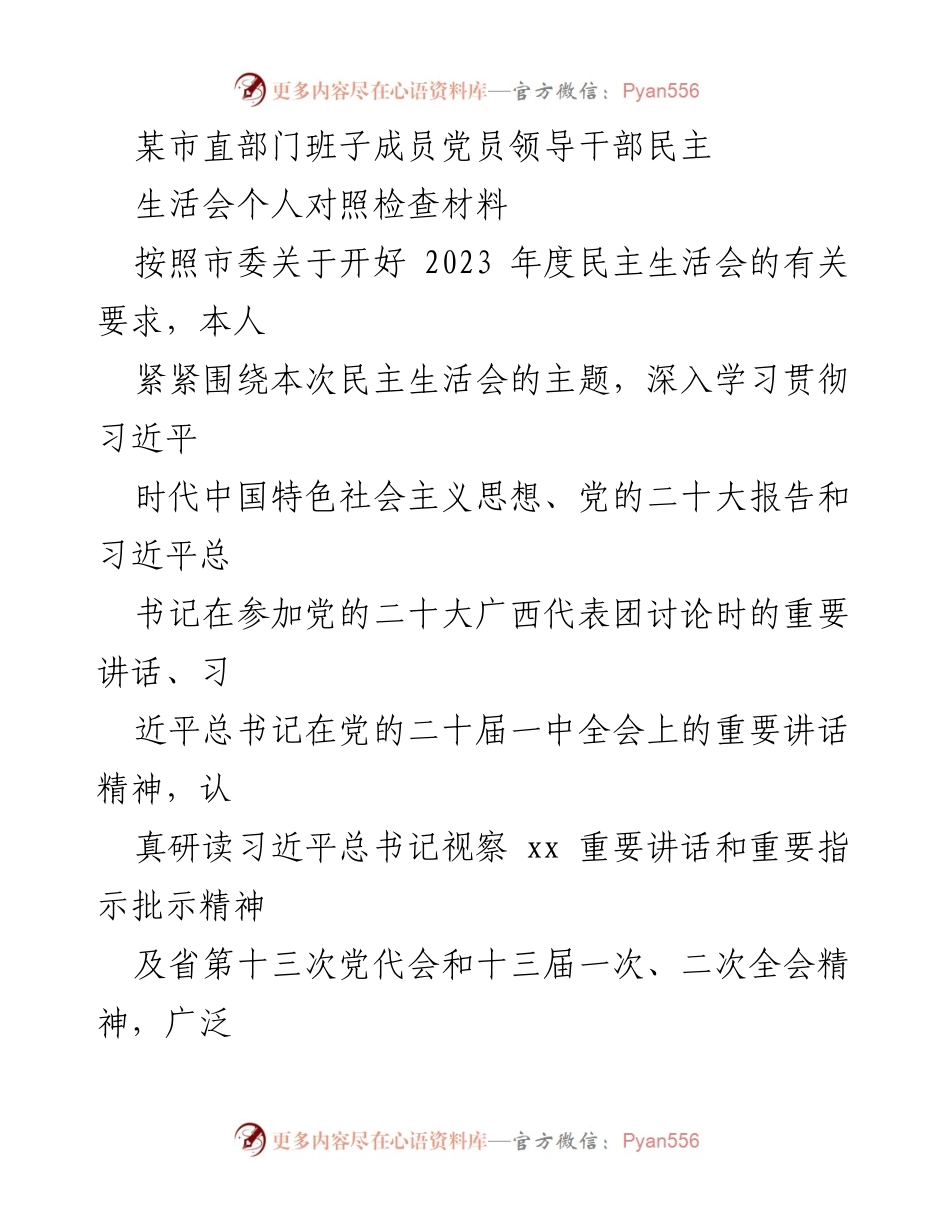 [发言] 民主生活会 - 党员领导干部对照检查材料总结_1.docx_第1页