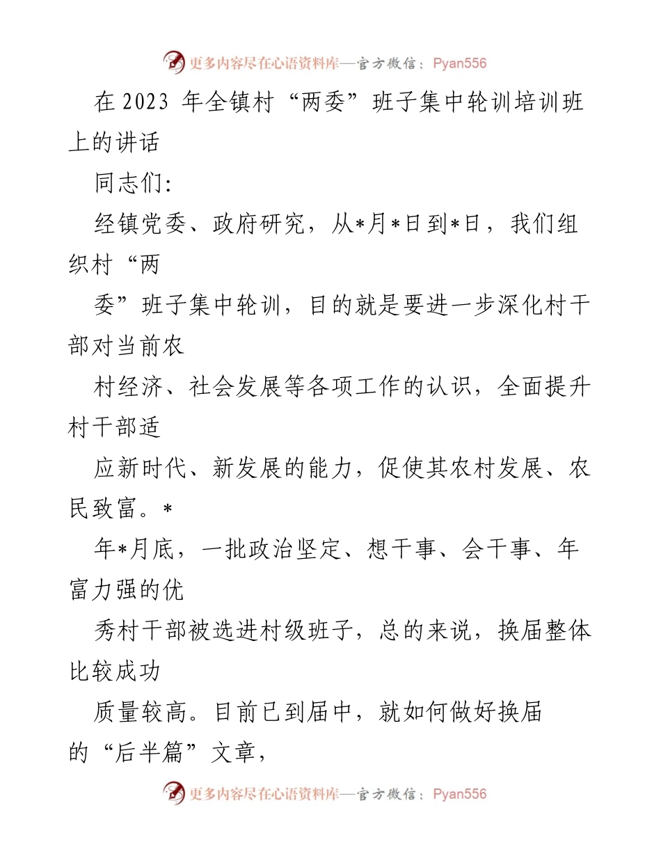 [发言] 村“两委”班子集中轮训培训班 - 强化村干部能力，推动乡村振兴发展.docx_第1页