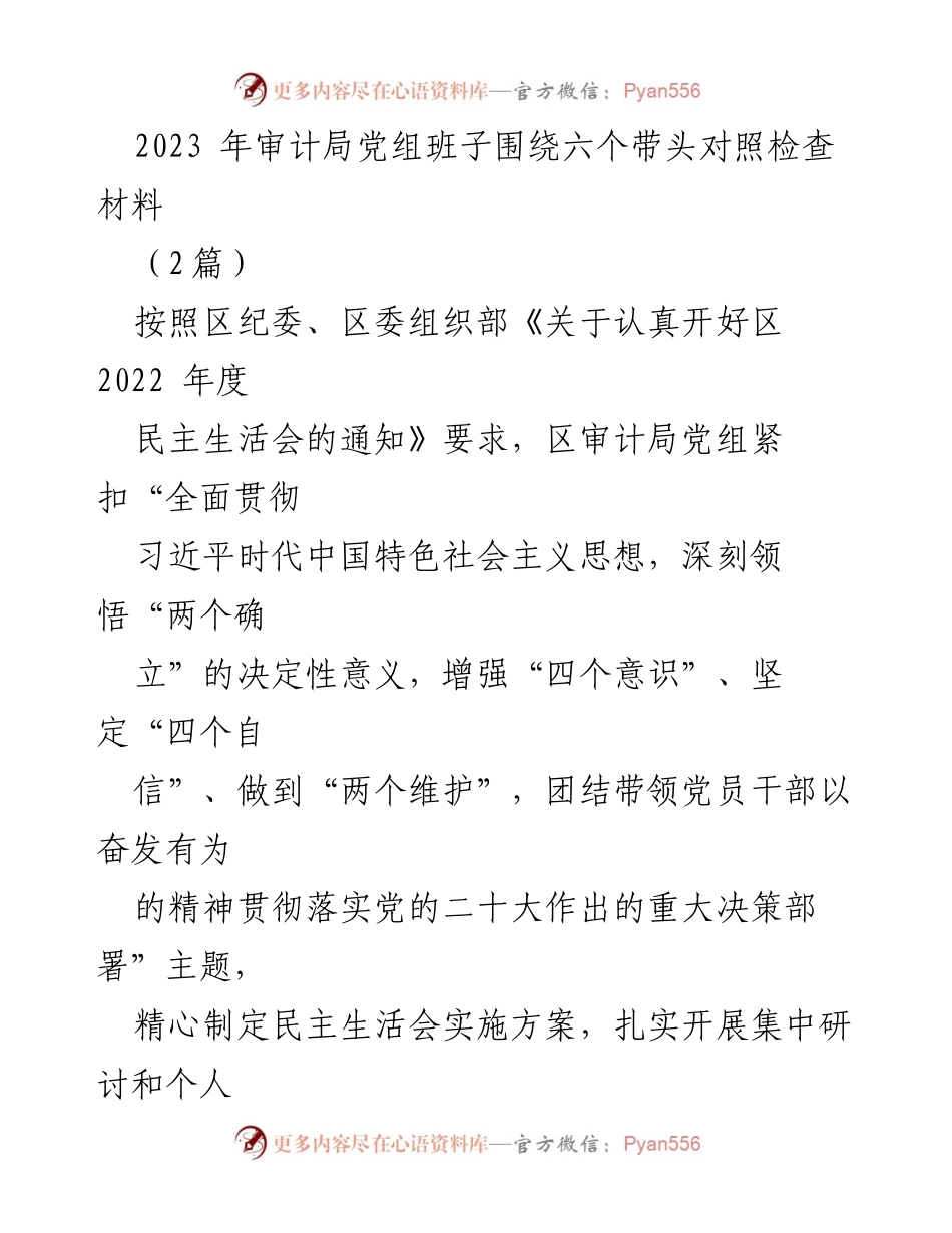 [发言] 民主生活会 - 2023年审计局党组班子对照检查及整改落实情况报告.docx_第1页