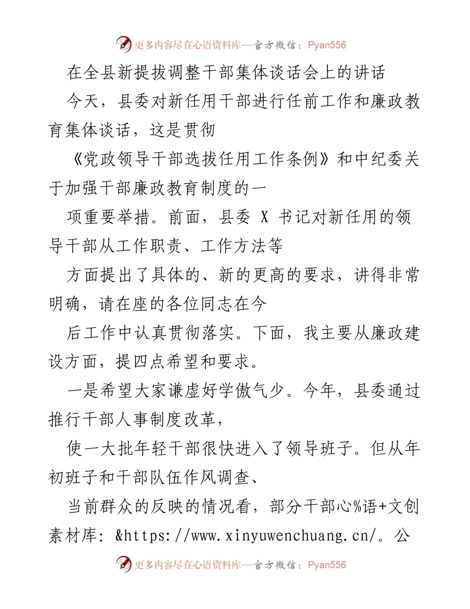 [发言] 新提拔干部集体谈话会 - 新任干部廉政教育与工作要求.docx_第1页
