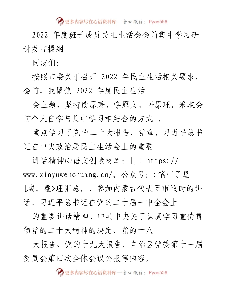 [发言] 民主生活会 - 2022年度班子成员民主生活会学习与发言提纲.docx_第1页