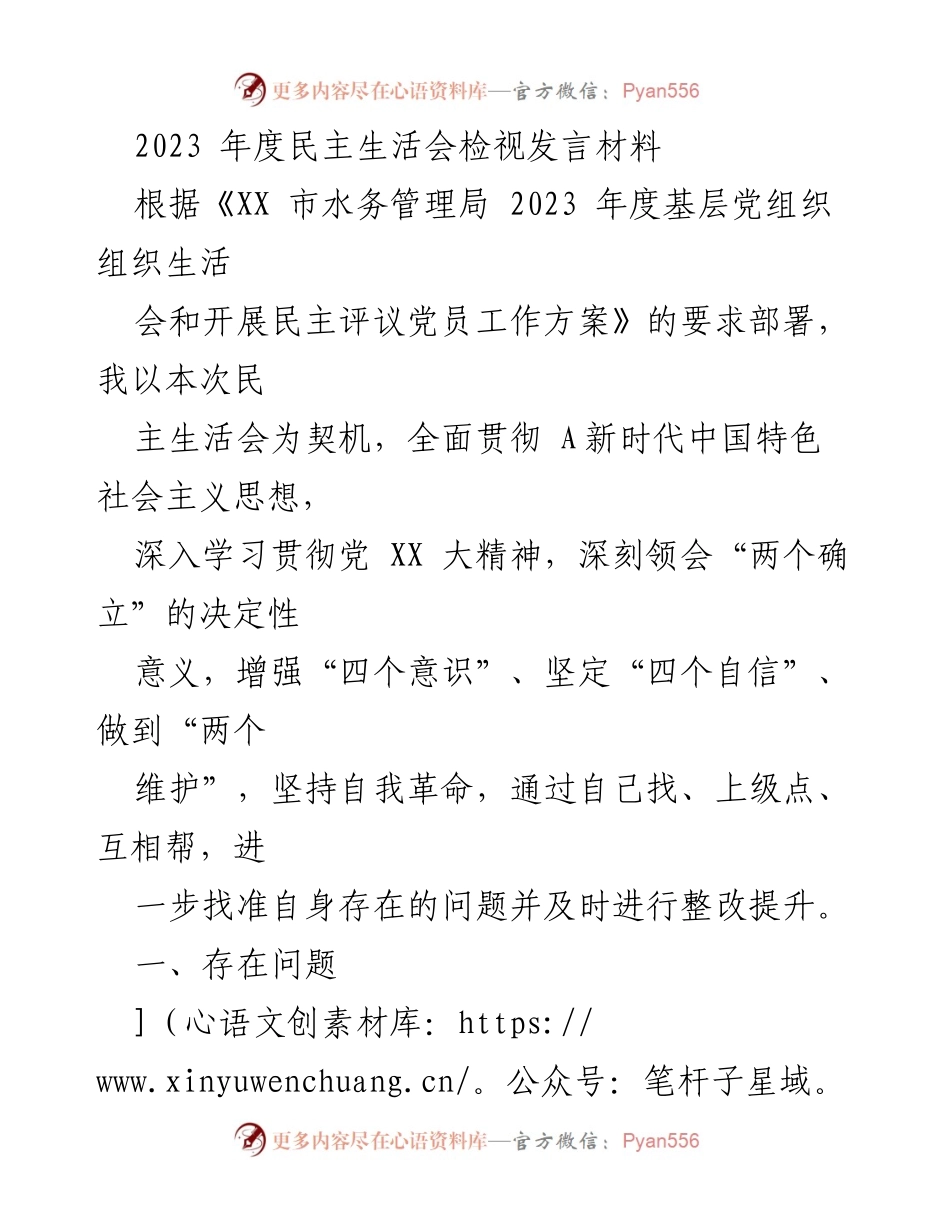 [发言] 民主生活会 - 2023年度民主生活会检视发言材料_1.docx_第1页