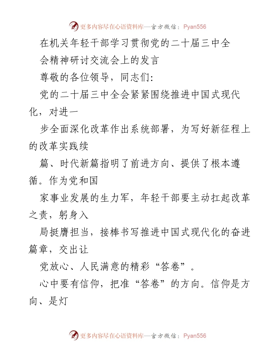 [发言] 机关年轻干部学习贯彻党的二十届三中全会精神研讨交流会 - 年轻干部的信仰与担当：推动中国式现代化的责任与使命.docx_第1页