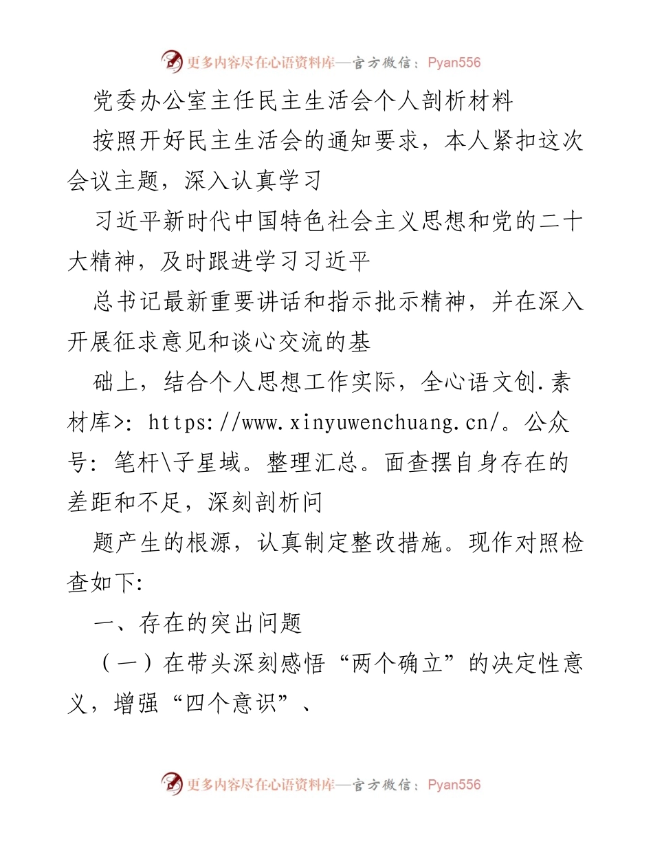 [发言] 民主生活会 - 党委办公室主任个人剖析材料.docx_第1页
