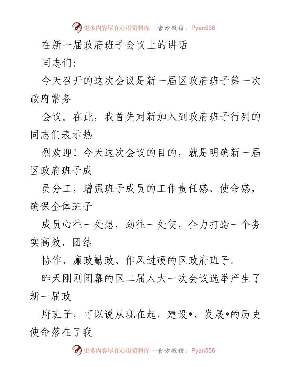 [发言] 新一届区政府班子会议 - 强化责任感，推动高效治理.docx_第1页