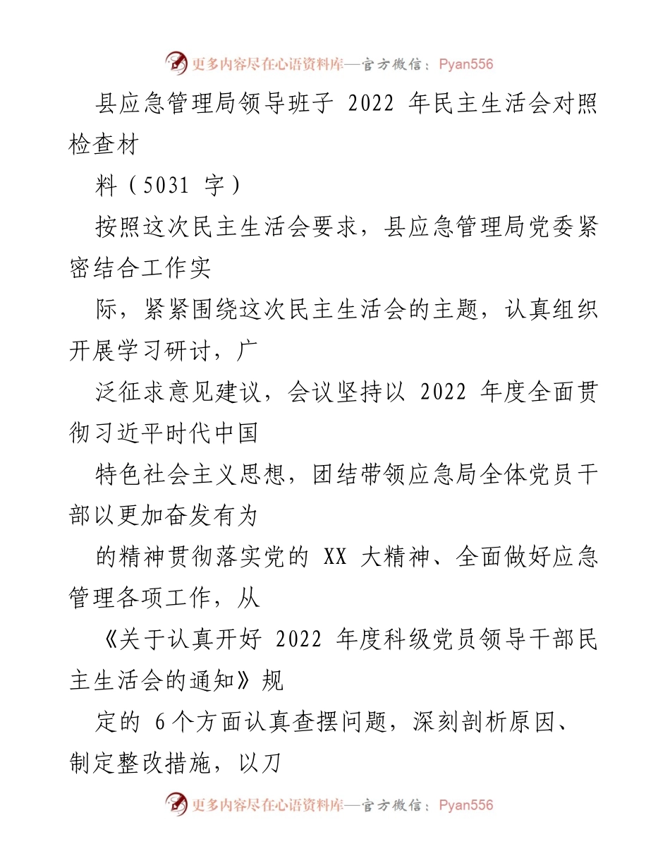 [发言] 民主生活会 - 县应急管理局2022年度民主生活会对照检查材料总结.docx_第1页