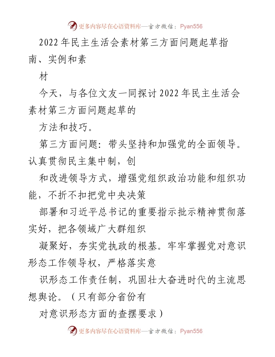 [发言] 民主生活会 - 2022年民主生活会第三方面问题查摆与指导.docx_第1页