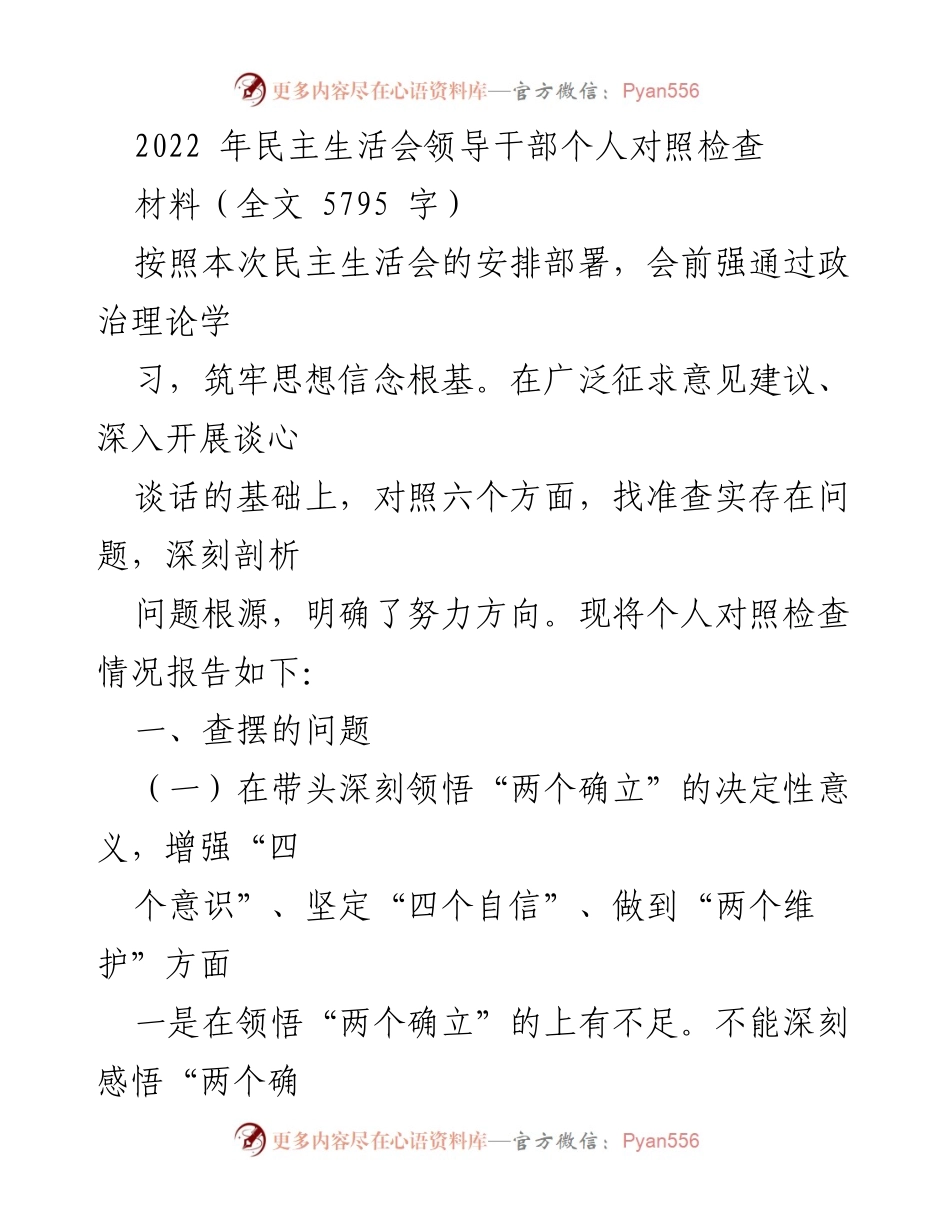 [发言] 民主生活会 - 2022年民主生活会个人对照检查总结.docx_第1页