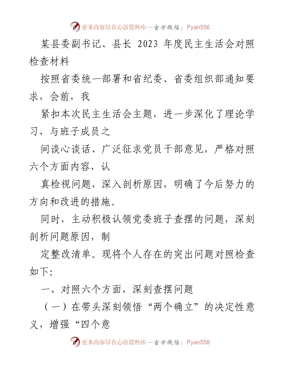 [发言] 民主生活会 - 2023年度民主生活会对照检查材料总结.docx_第1页