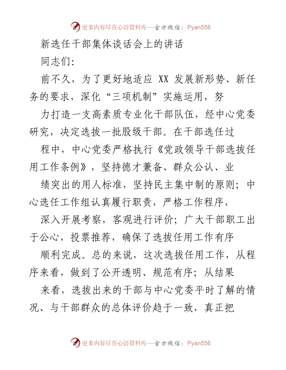 [发言] 新选任干部集体谈话会 - 新岗位新责任：对新任干部的期望与要求.docx_第1页
