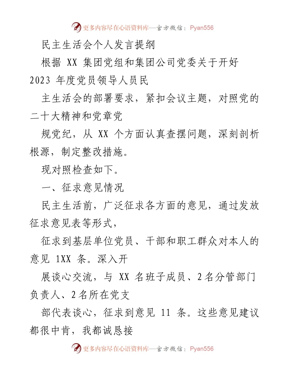 [发言] 民主生活会 - 2023年度党员领导人员民主生活会个人发言提纲.docx_第1页