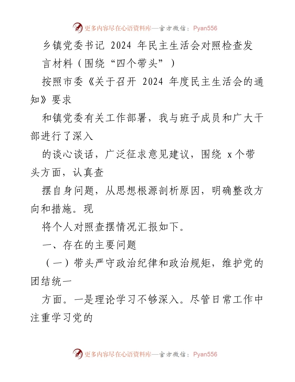 [发言] 民主生活会 - 2024年乡镇党委书记民主生活会对照检查发言材料.docx_第1页
