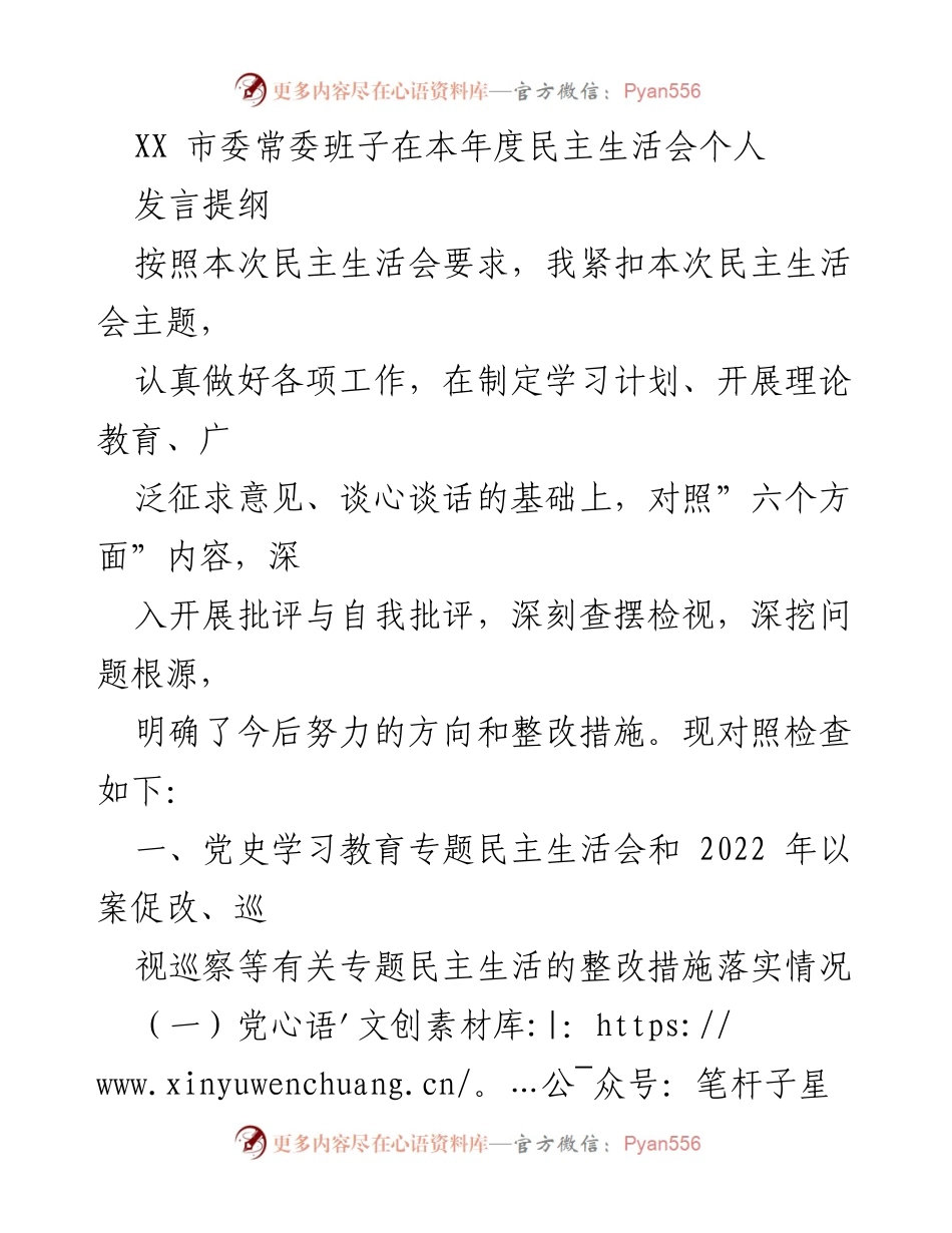 [发言] 民主生活会 - XX市委常委班子民主生活会个人发言提纲.docx_第1页