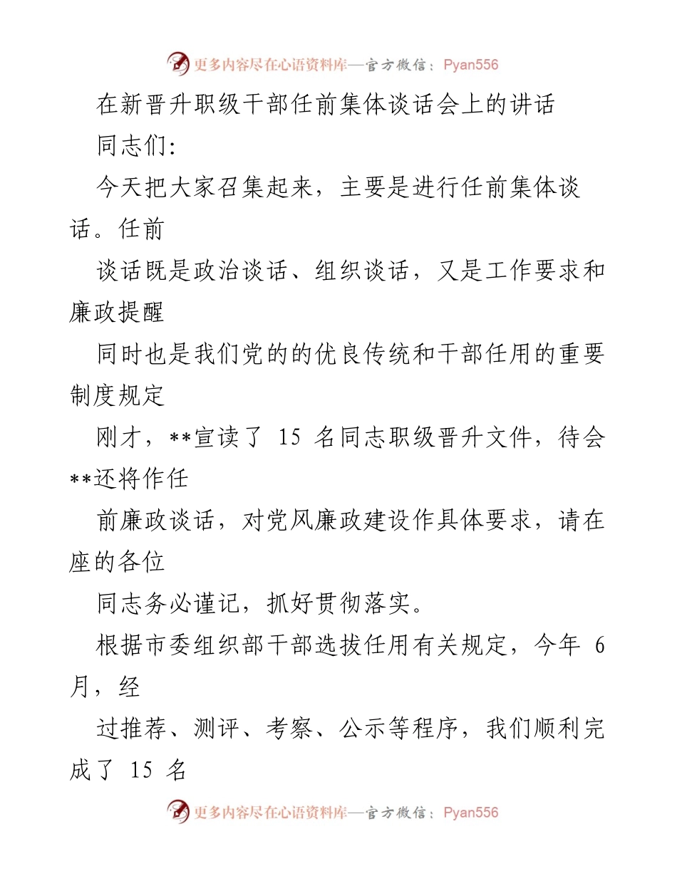 [发言] 新晋升职级干部任前集体谈话会 - 新晋升干部的职责与期望.docx_第1页