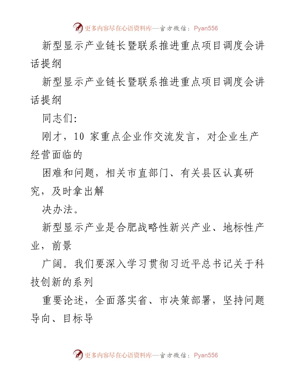 [发言] 新型显示产业链长暨联系推进重点项目调度会 - 加快推进新型显示产业高质量发展的战略部署.docx_第1页
