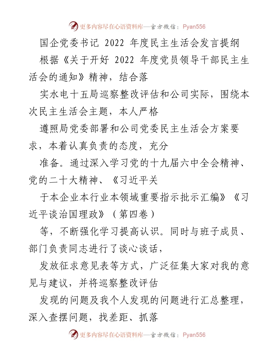 [发言] 民主生活会 - 国企党委书记2022年度民主生活会发言提纲.docx_第1页
