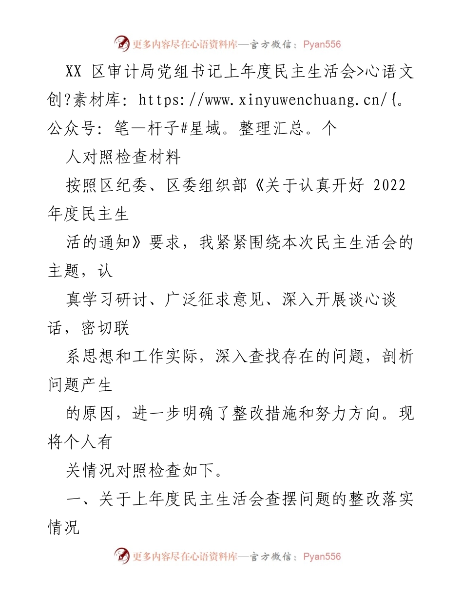 [发言] 民主生活会 - XX区审计局党组书记个人对照检查材料.docx_第1页
