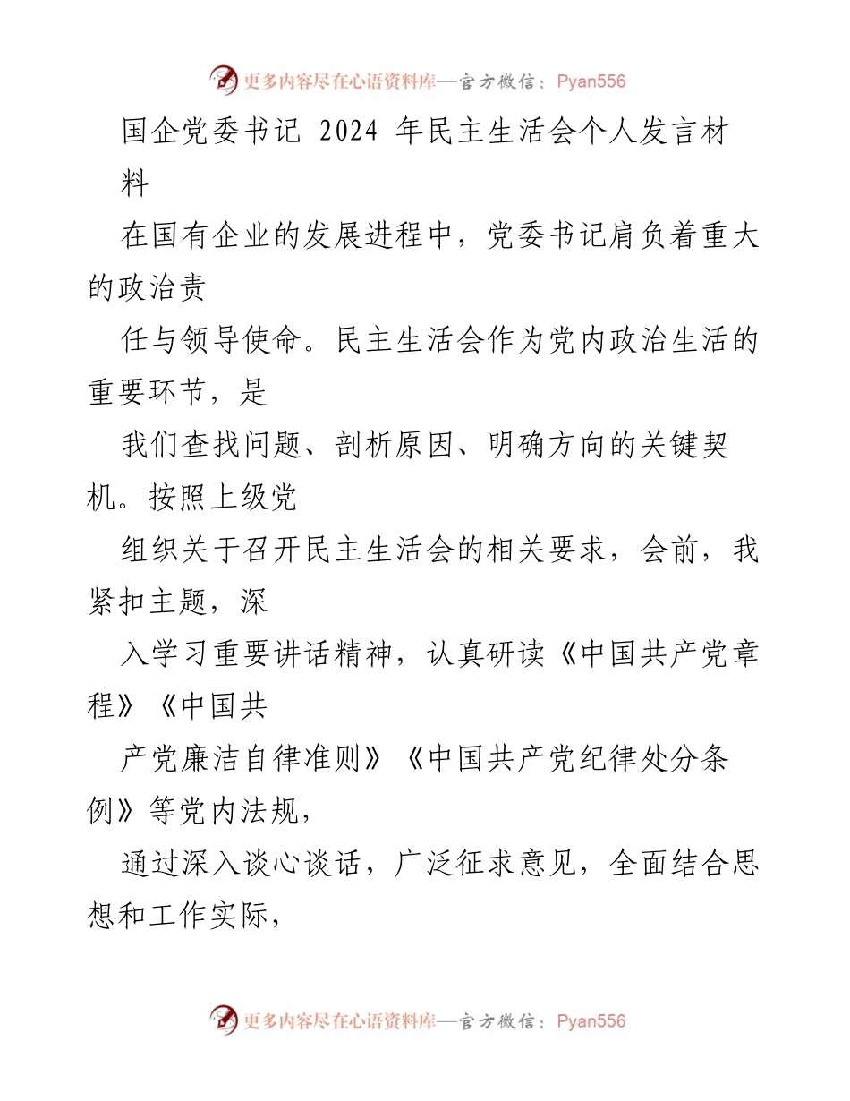 [发言] 民主生活会 - 国企党委书记2024年民主生活会个人发言材料.docx_第1页