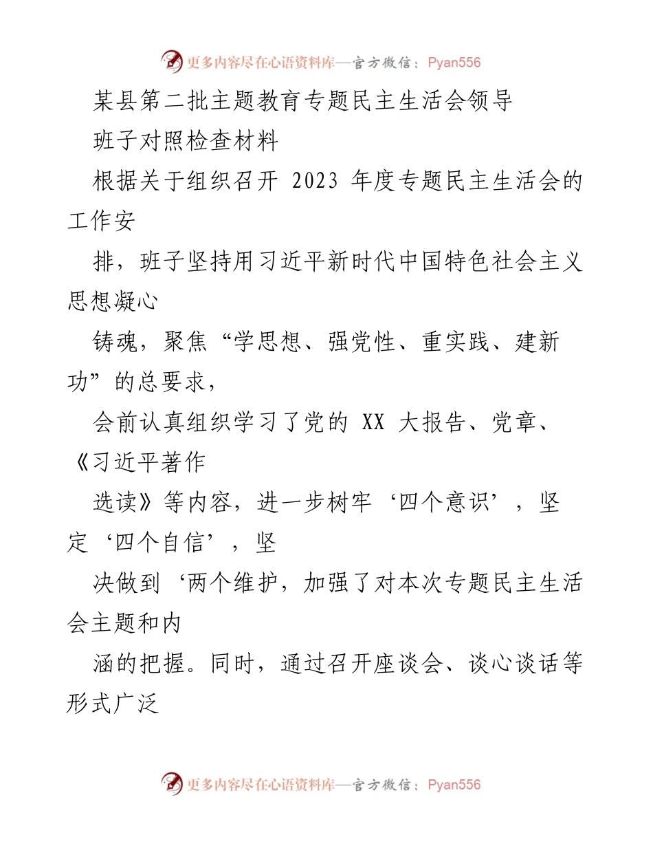 [发言] 民主生活会 - 某县第二批主题教育专题民主生活会对照检查情况汇报.docx_第1页