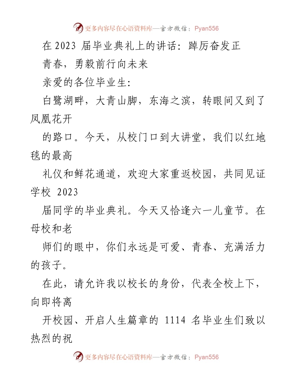 [发言] 毕业典礼 - 踔厉奋发正青春，勇毅前行向未来.docx_第1页