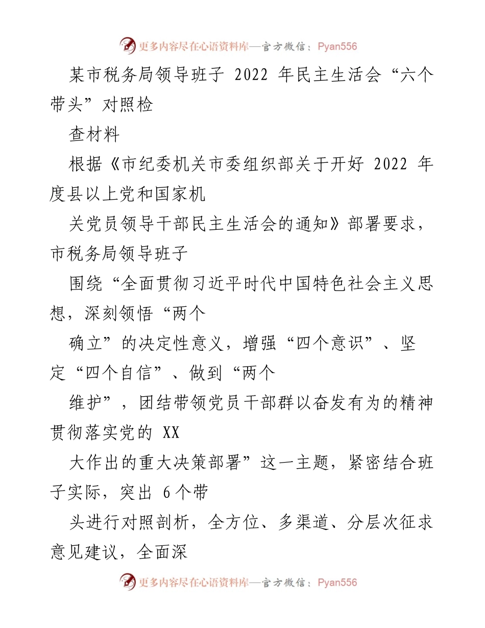 [发言] 民主生活会 - 市税务局领导班子对照检查材料总结.docx_第1页