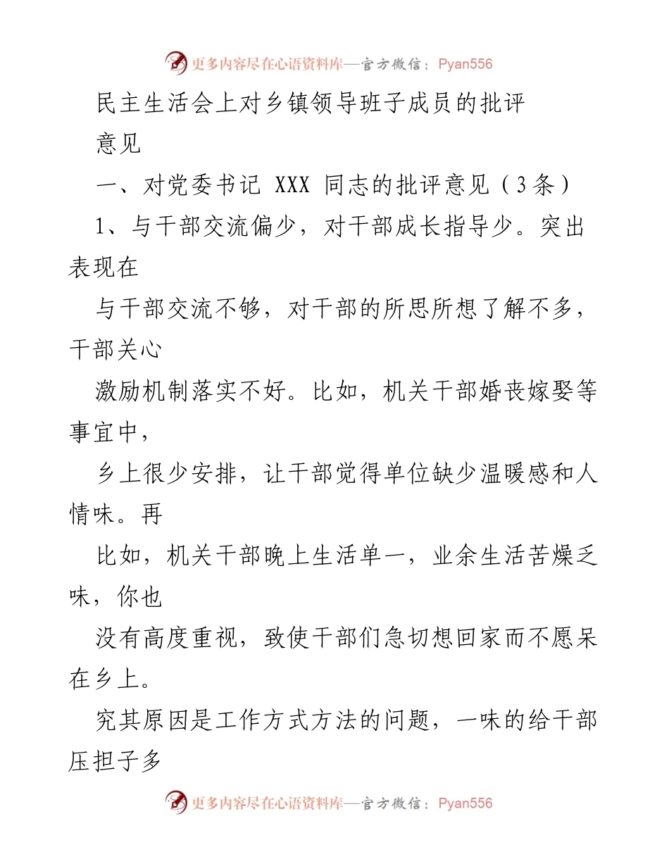 [发言] 民主生活会 - 对乡镇领导班子成员的批评与建议.docx_第1页