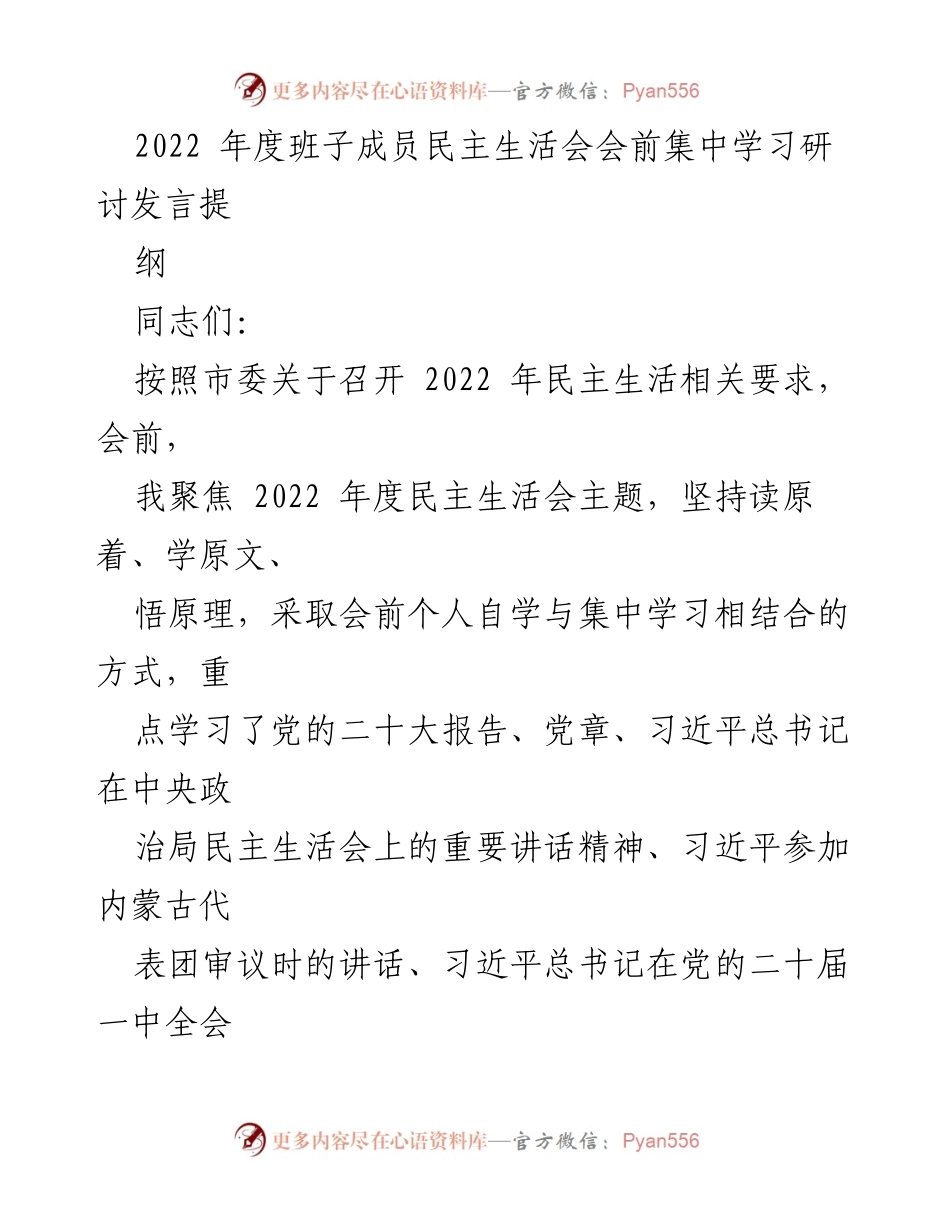[发言] 民主生活会 - 2022年度班子成员民主生活会会前学习研讨发言提纲.docx_第1页