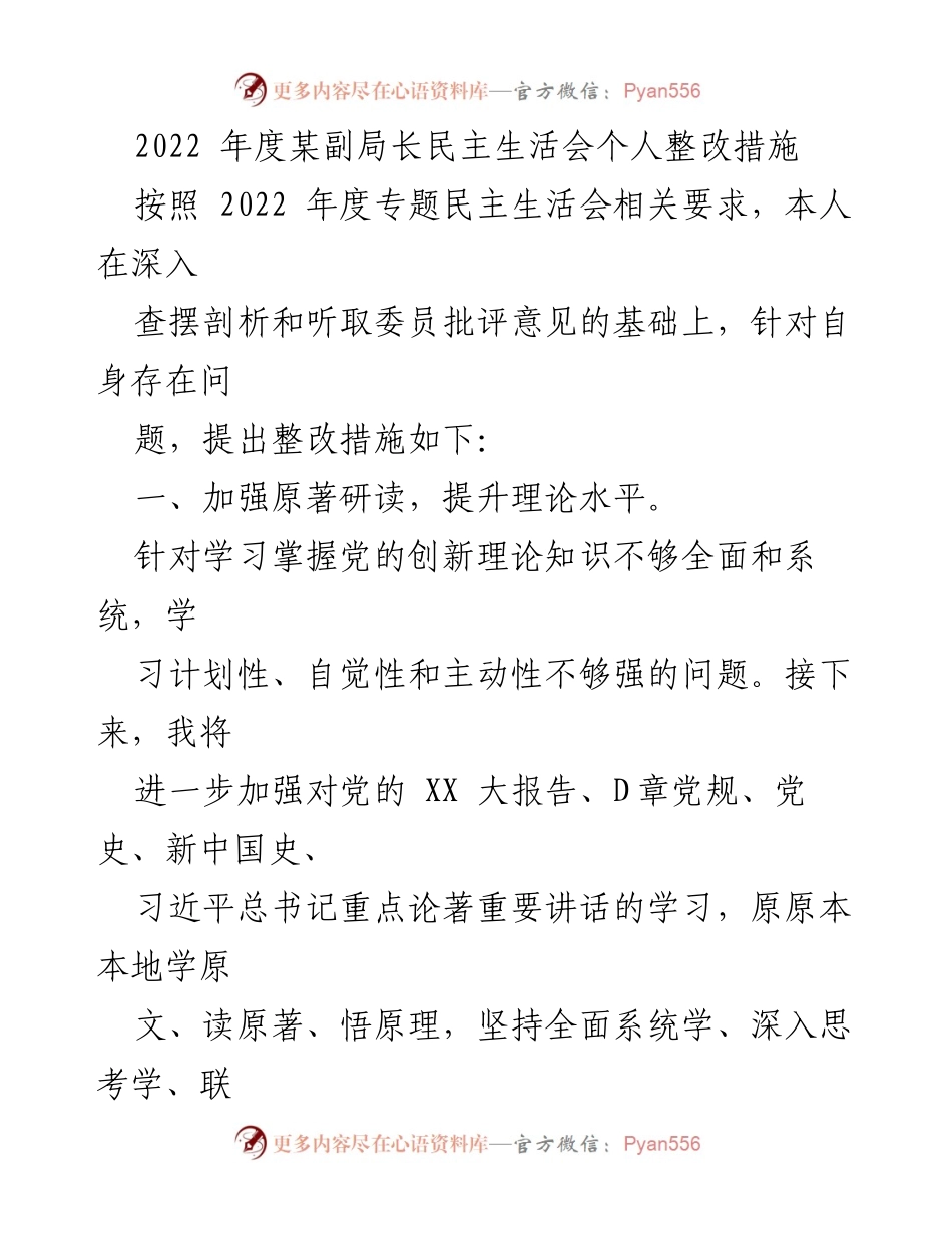 [发言] 民主生活会 - 副局长个人整改措施及提升政治理论水平.docx_第1页