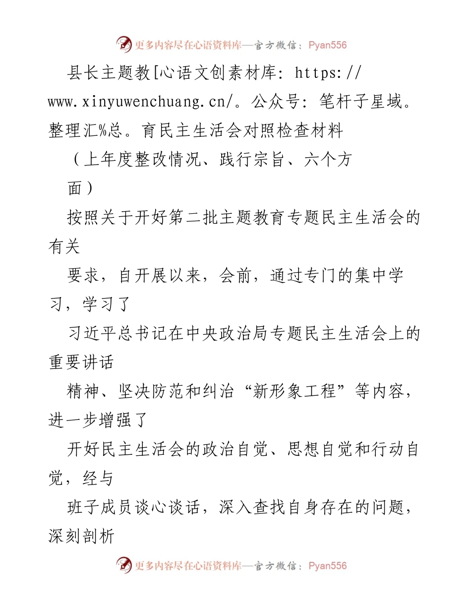[发言] 民主生活会 - 县长主题教育民主生活会对照检查与整改总结.docx_第1页