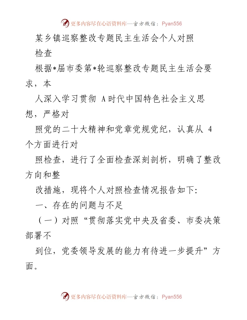 [发言] 民主生活会 - 巡察整改个人对照检查报告.docx_第1页