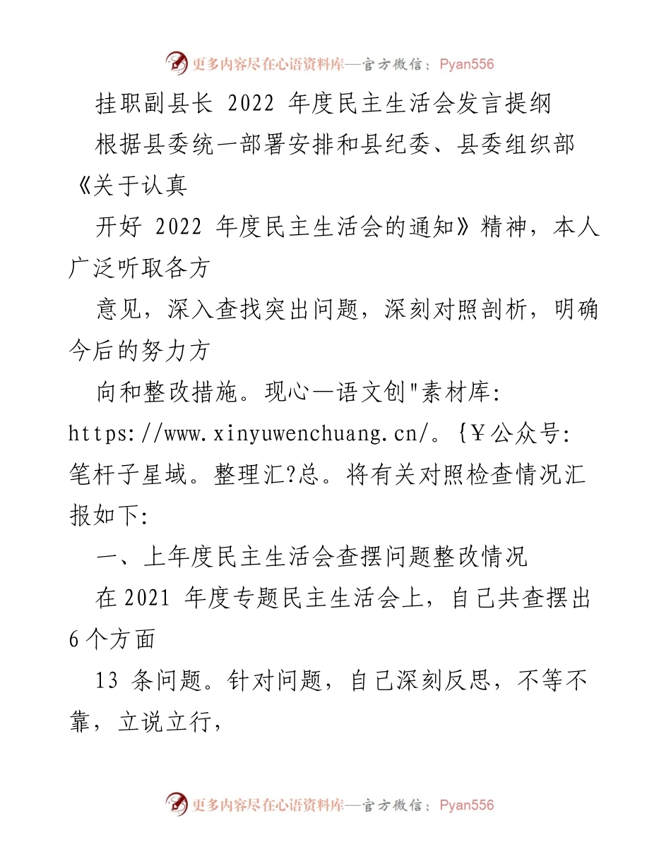 [发言] 民主生活会 - 2022年度挂职副县长民主生活会发言提纲_2.docx_第1页