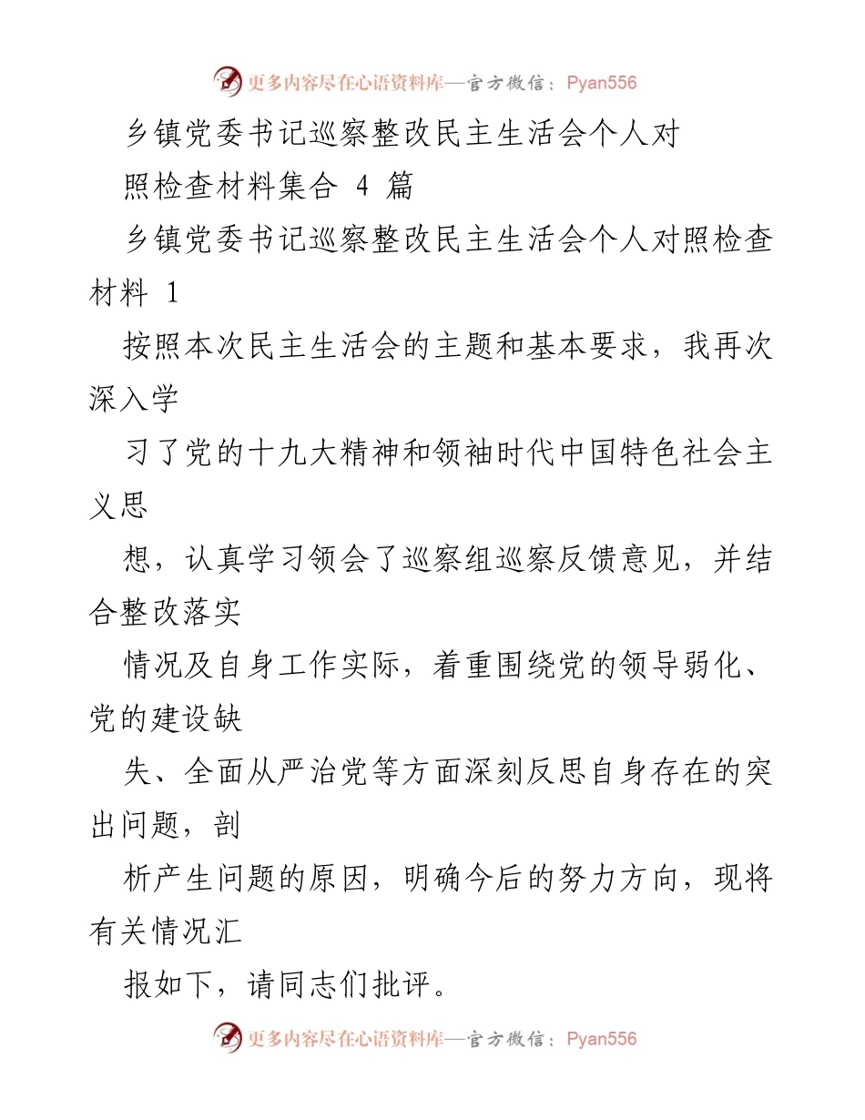 [发言] 民主生活会 - 乡镇党委书记巡察整改个人对照检查材料总结.docx_第1页